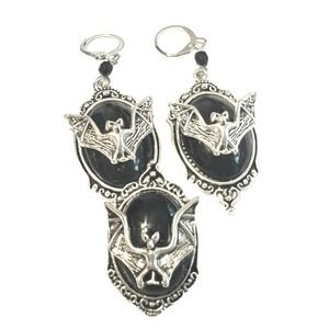 Gothic Bat Black Earrings & Adjustable‎ Ring Set